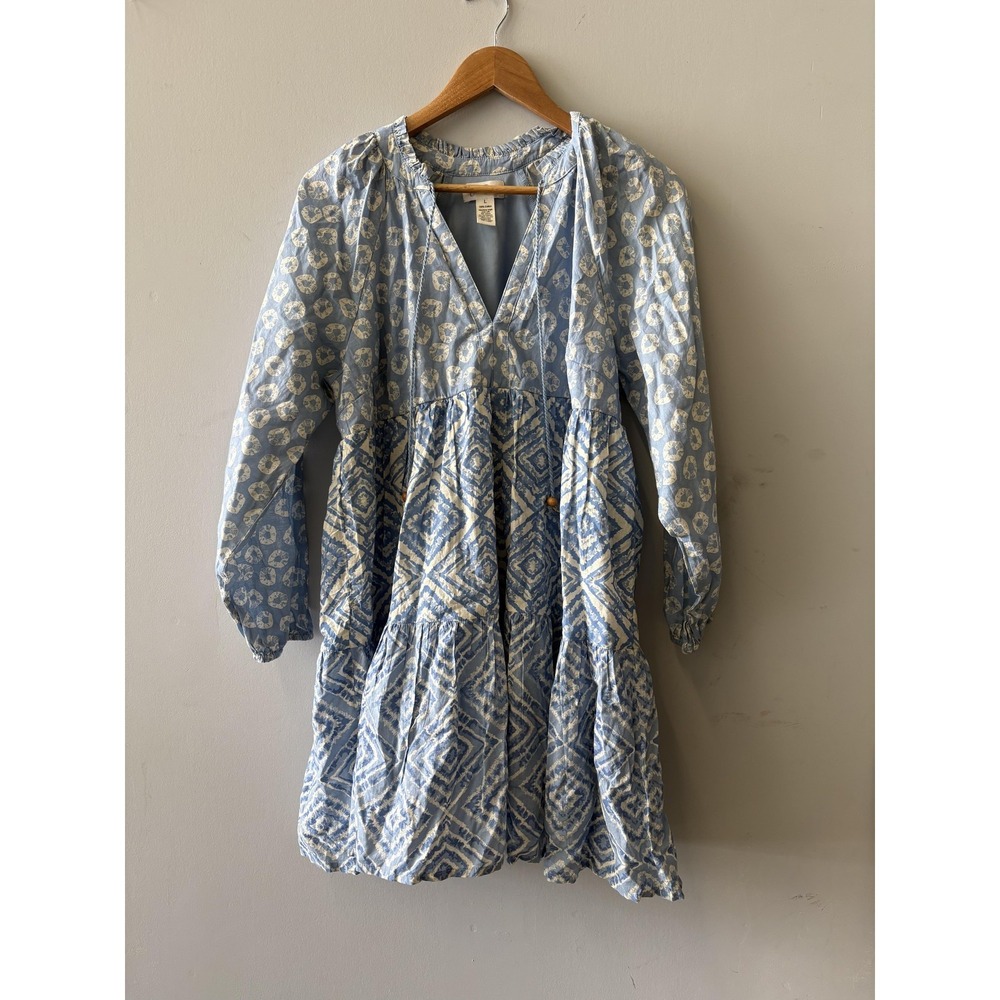 Jessica Simpson Dress Womens L Blue Geometric V Neck Long‎ Sleeve Swing Sundress